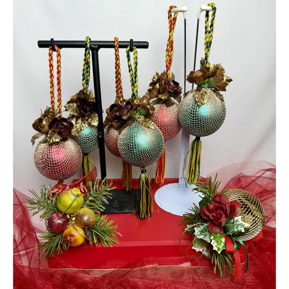Set of Decorative Holiday Ornaments with Floral and Fruit Accents